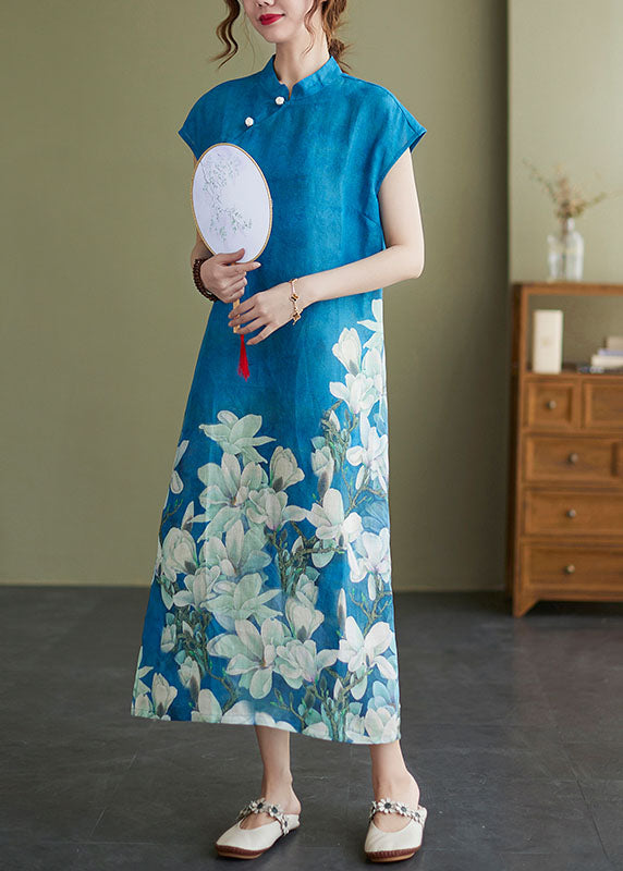 Vintage Blue Mandarin Collar Floral Print Side Open Cheongsam Dresses Short Sleeve