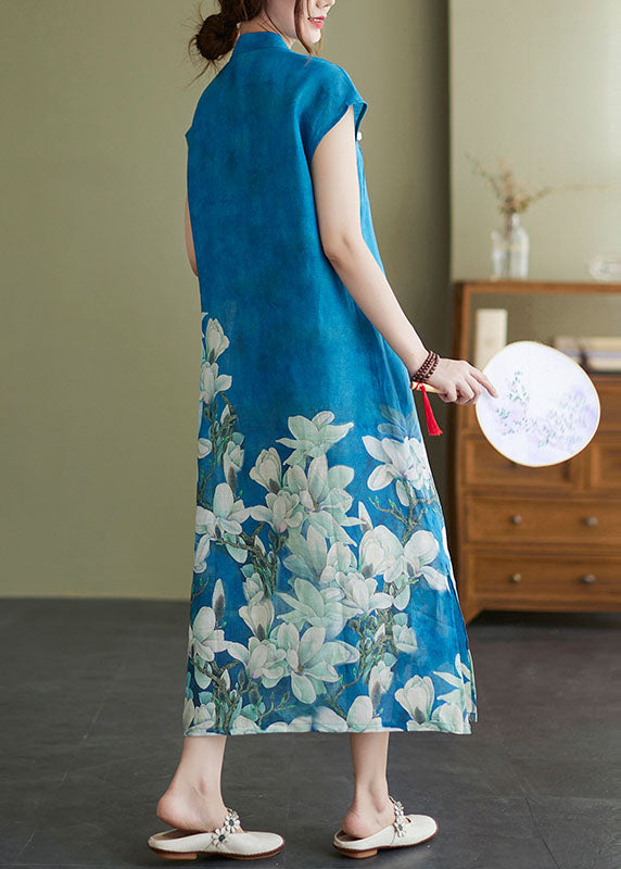 Vintage Blue Mandarin Collar Floral Print Side Open Cheongsam Dresses Short Sleeve