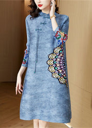 Vintage Blue Mandarin Collar Print Oriental A Line Dress Spring