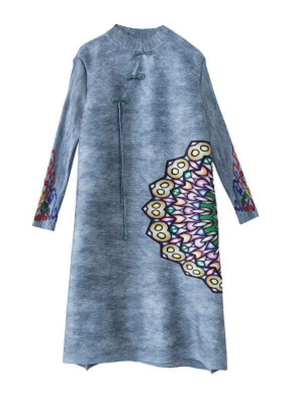 Vintage Blue Mandarin Collar Print Oriental A Line Dress Spring