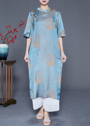 Vintage Blue Mandarin Collar Print Silk Long Dresses Summer