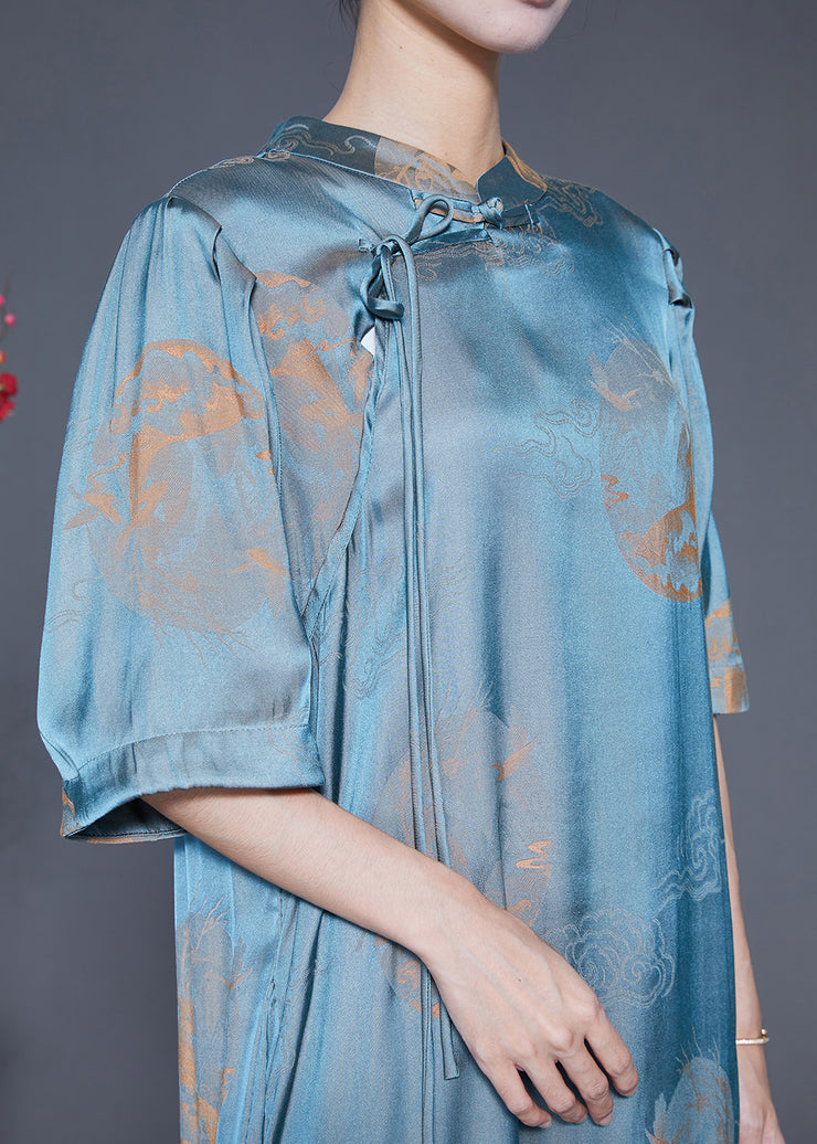 Vintage Blue Mandarin Collar Print Silk Long Dresses Summer