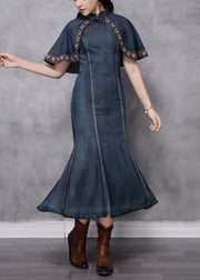 Vintage Blue Mandarin Collar Ruffled Cotton Long Denim Dress Cloak sleeve
