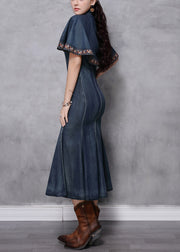Vintage Blue Mandarin Collar Ruffled Cotton Long Denim Dress Cloak sleeve