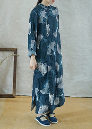 Vintage Blue Mandarin Collar side open Print Linen Long Dress Long Sleeve
