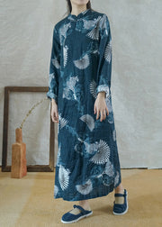 Vintage Blue Mandarin Collar Seite offen bedrucktes langes Leinenkleid mit langen Ärmeln