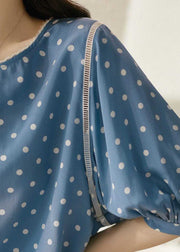 Vintage Blue O-Neck Dot Print Silk Blouse Tops Summer