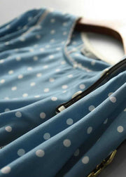 Vintage Blue O-Neck Dot Print Silk Blouse Tops Summer