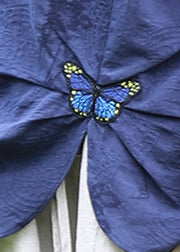 Vintage blau O-Neck Jacquard Schmetterling bestickte Baumwollblusen Top Frühling