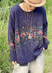 Vintage Blue O-Neck Oversized Print Thick Knitted Tops Winter