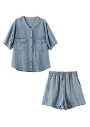 Vintage Blue O-Neck Patchwork Denim Shirt And Shorts Two Pieces Set Summer