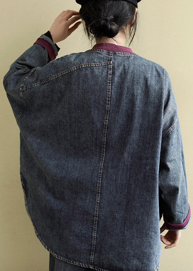 Vintage Blue O-Neck Patchwork Low High Design Cotton Denim Coats Spring
