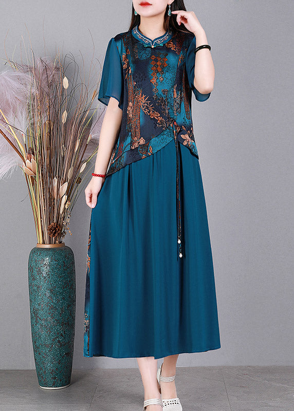 Vintage Blue O-Neck Print Silk Long Dresses Short Sleeve