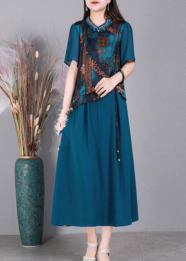 Vintage Blue O-Neck Print Silk Long Dresses Short Sleeve