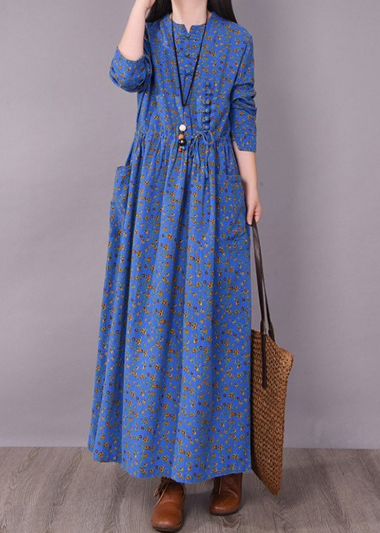 Vintage Blue O-Neck Knitted Print Leinenkleid mit langen Ärmeln