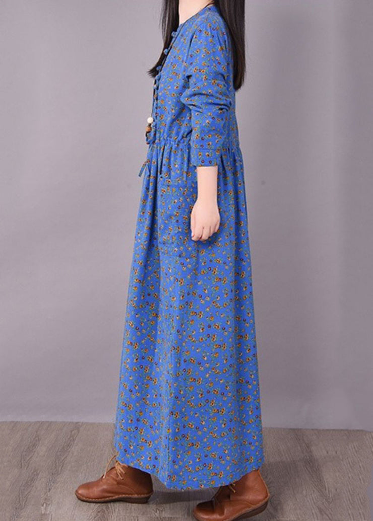Vintage Blue O-Neck Wrinkled Print Linen Dress Long Sleeve