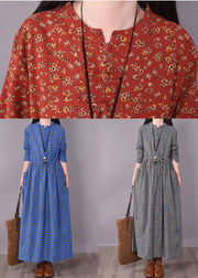 Vintage Blue O-Neck Knitted Print Leinenkleid mit langen Ärmeln