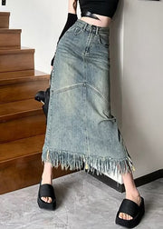 Vintage Blue Patchwork Tassel Denim Maxi Skirts Summer