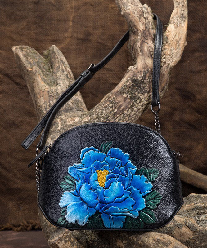 Vintage Blue Peony Embossing Calf Leather Satchel Bag Handbag