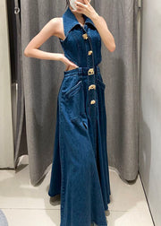 Vintage Blue Peter Pan Collar Patchwork Pockets Hollow Out Denim Long Dresses Summer