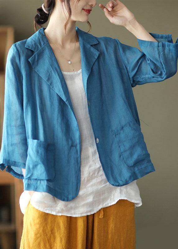 Vintage Blue Pockets Patchwork Coats Long Sleeve - SooLinen