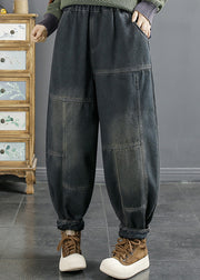 Vintage Blue Pockets Patchwork Elastic Waist Warm Fleece Denim Pants Fall