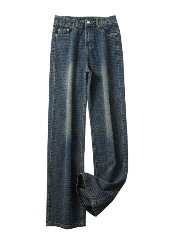 Vintage Blue Pockets Patchwork High Waist Cotton Straight Pants Fall