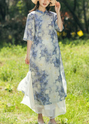 Vintage Blue Print Chinese Button Patchwork Linen Dresses Summer