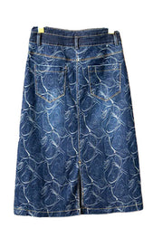 Vintage Blue Print High Waist Button Denim A Line Skirts Summer