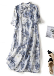 Vintage Blue Print Mandarin Collar Cotton Cheongsam Dresses Summer