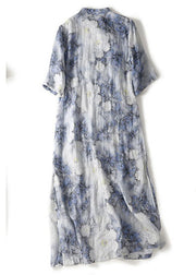 Vintage Blue Print Mandarin Collar Cotton Cheongsam Dresses Summer