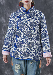 Vintage Blue Print Mandarin Collar Fine Cotton Filled Jacket Winter