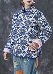 Vintage Blue Print Mandarin Collar Fine Cotton Filled Jacket Winter