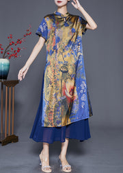 Vintage Blue Print Patchwork Silk Maxi Dresses Summer