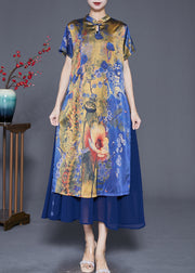 Vintage Blue Print Patchwork Silk Maxi Dresses Summer