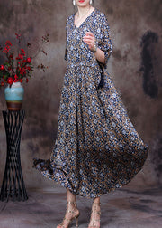 Lange Kleider aus Seide mit V-Ausschnitt und Kordelzug im Vintage-Stil für Frauen mit halben Ärmeln
