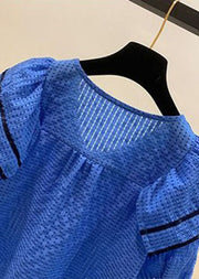 Vintage Blue Ruffled Patchwork Chiffon Shirt Tops Summer