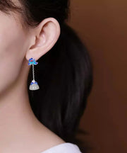 Vintage Blue Silver Jade Drop Cloisonne Lotus Earrings