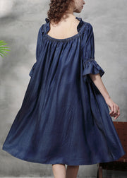 Vintage Blue Square Collar Embroidered Floral Ruffled Patchwork Long Dresses Half Sleeve