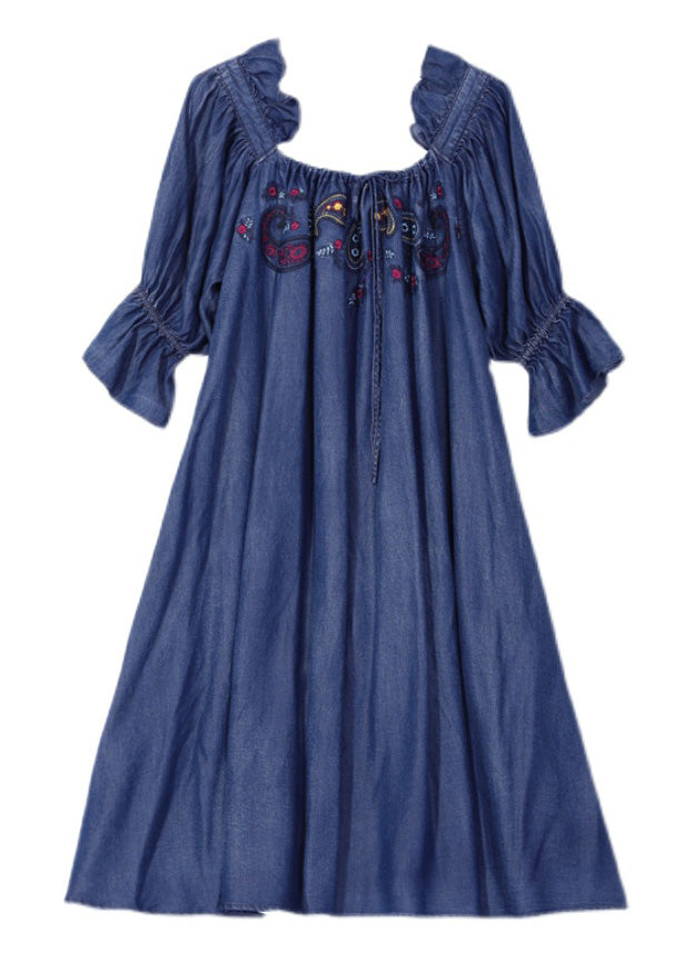 Vintage Blue Square Collar Embroidered Floral Ruffled Patchwork Long Dresses Half Sleeve