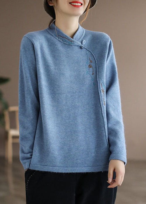 Vintage Blue Stand Collar Embroidered thick Knitted Sweater Long Sleeve