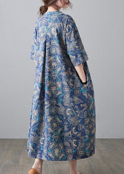 Vintage Blue Stand Collar Lace Up Print Linen Dresses Half Sleeve