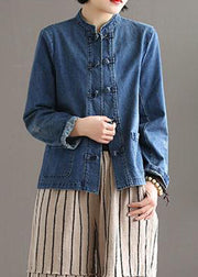 Vintage Blau Stehkragen Patchwork Knopf Taschen Baumwoll-Denim-Mantel mit langen Ärmeln