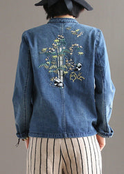 Vintage Blau Stehkragen Patchwork Knopf Taschen Baumwoll-Denim-Mantel mit langen Ärmeln
