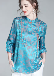 Vintage Blue Stand Collar Patchwork Jacquard Silk Blouse Tops Spring