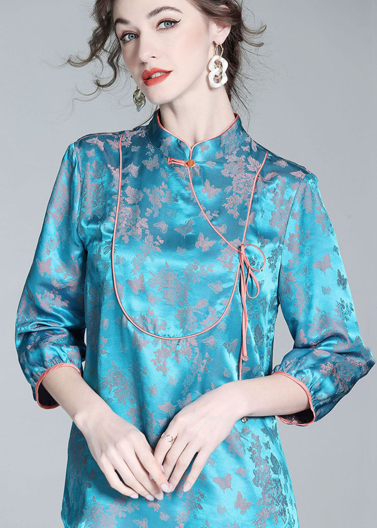 Vintage Blue Stand Collar Patchwork Jacquard Silk Blouse Tops Spring