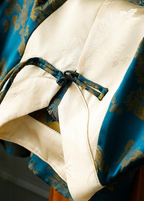 Vintage Blue Stand Collar Patchwork Jacquard Silk Shirt Top Fall