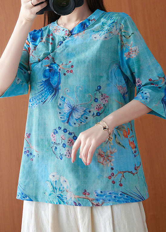 Vintage Blue Stand Collar Print Button Tops Spring
