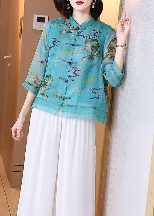 Vintage Blue Stand Collar Print Chinese Button Patchwork Linen Tops Summer