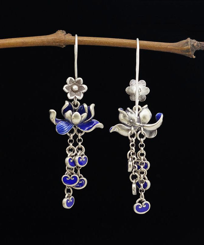 Vintage Blue Sterling Silver Cloisonne Lotus Tassel Drop Earrings